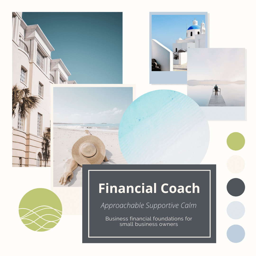 Moodboard for Lis Lee Accounting: range of beach images, blue and green tones.