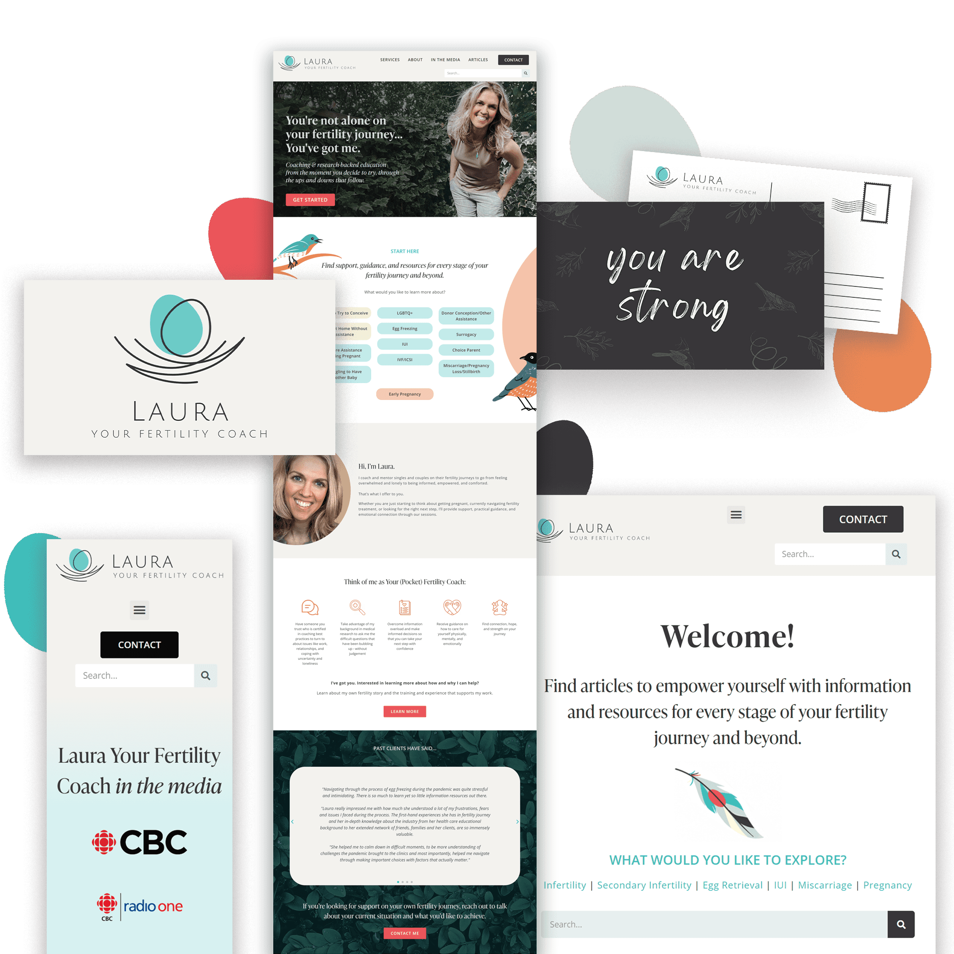 A spread of website mockups, postcards and business cards with Laura's branding