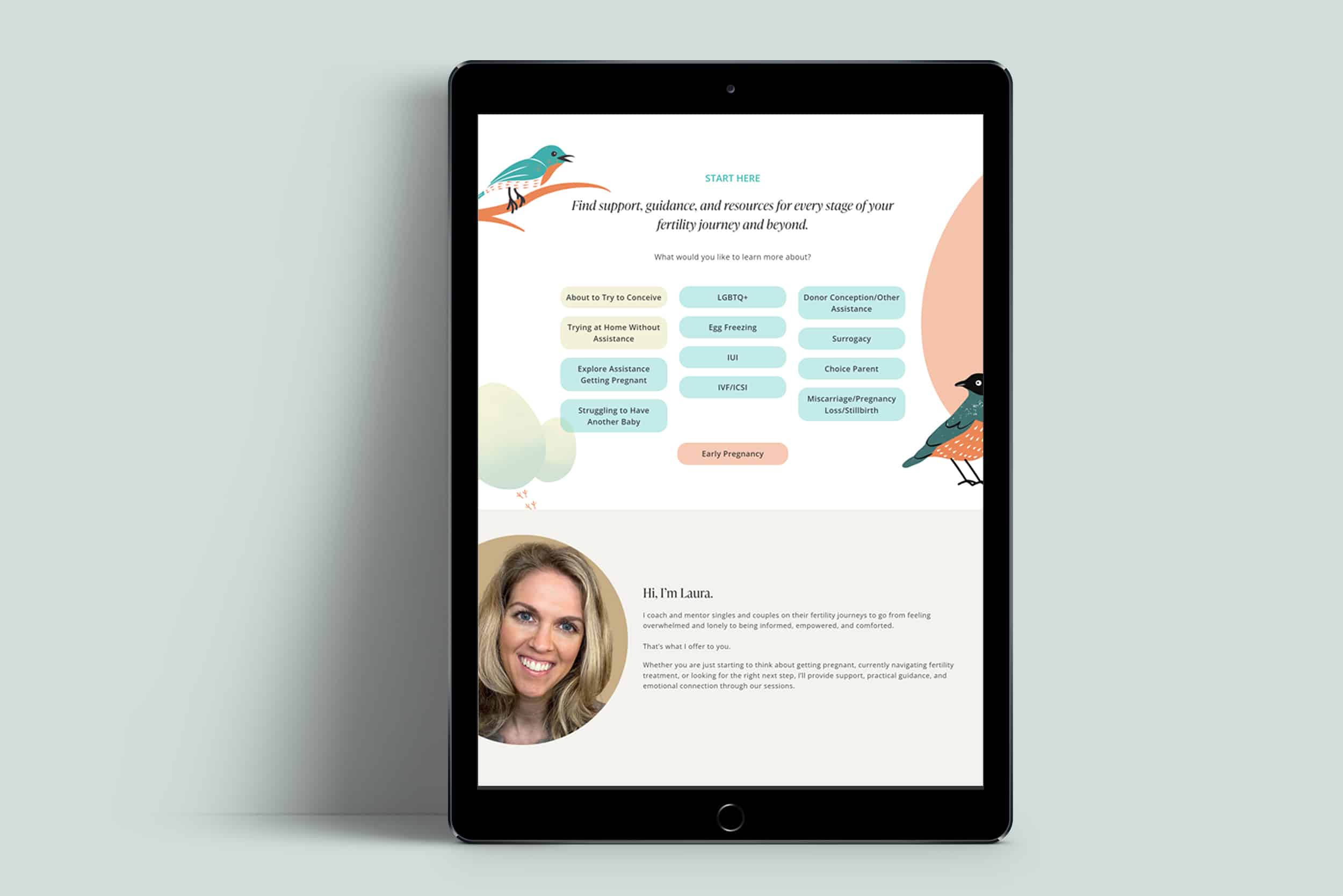 Tablet screen shows Laura's homepage fertility information hub and an introduction to her