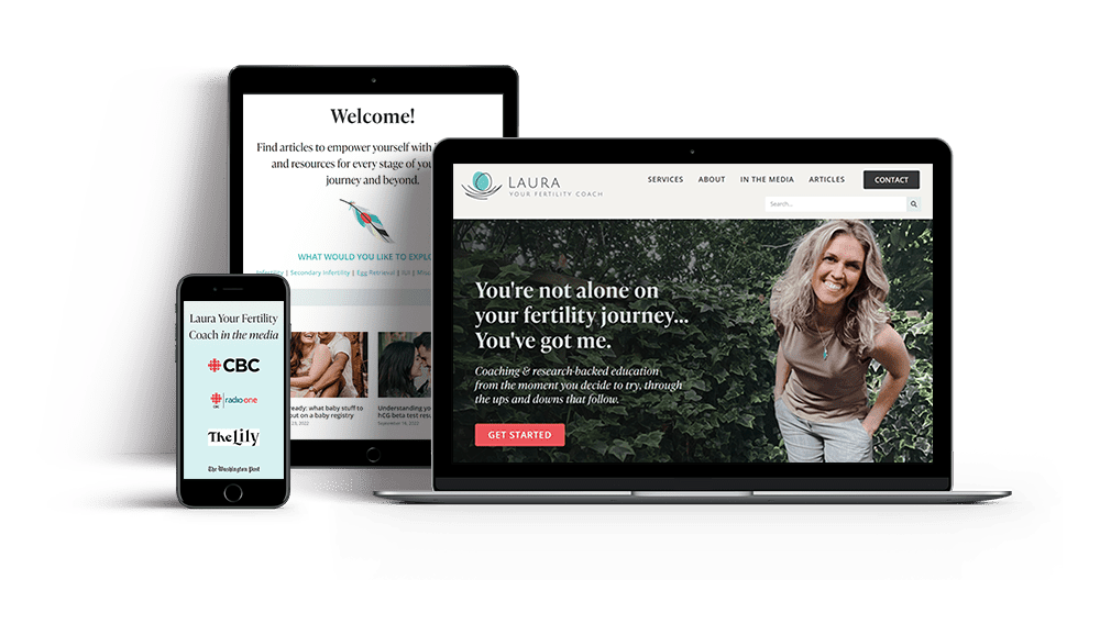 Responsive coach website design example for Laura Your Fertility Coach, shown on laptop and mobile devices