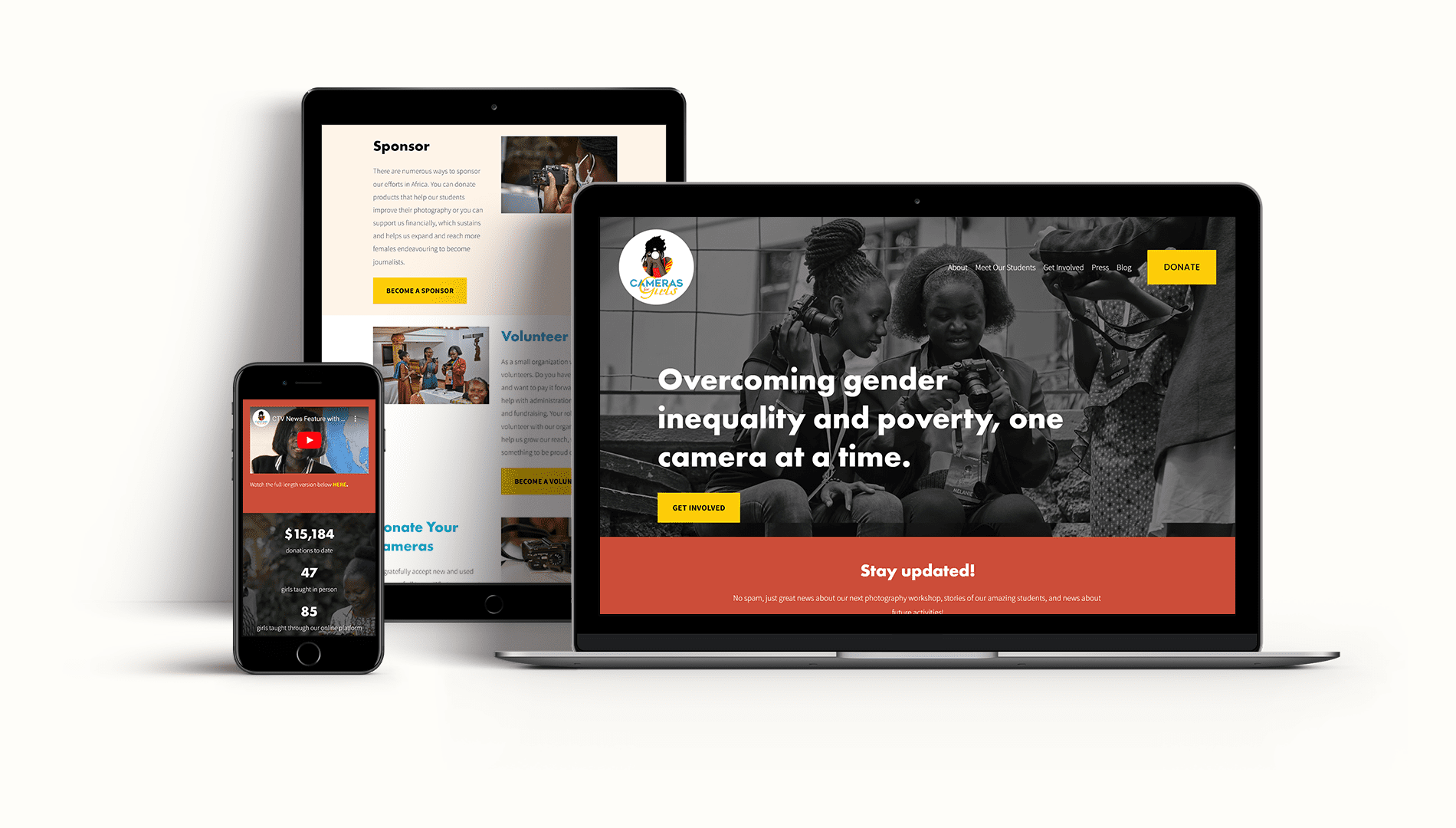 Responsive nonprofit website design example for Cameras for Girls, shown on laptop and mobile devices