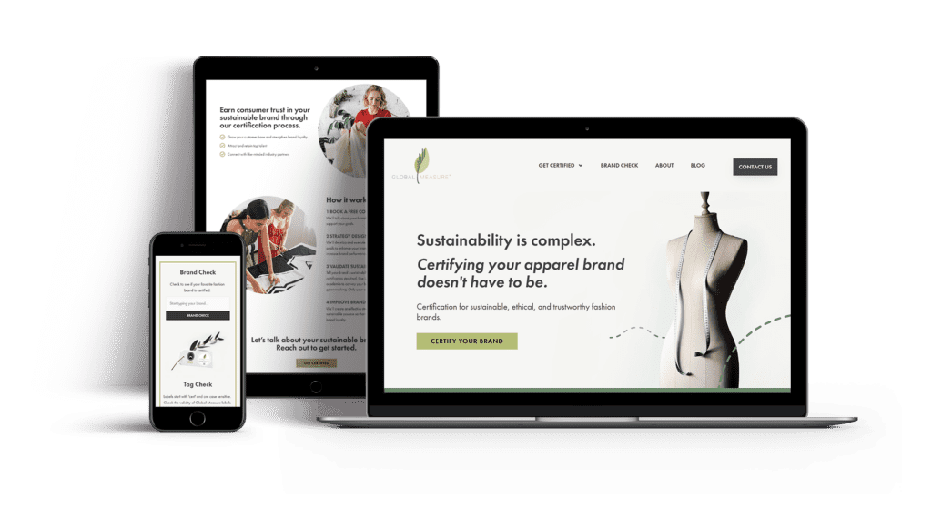 Global Measure's new website shown on a laptop, tablet, and cell phone