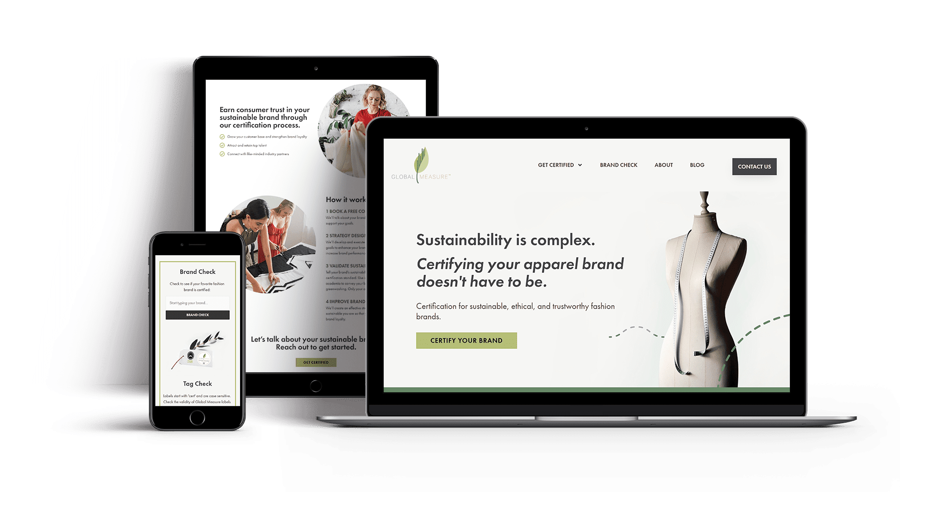 Global Measure's new website shown on a laptop, tablet, and cell phone